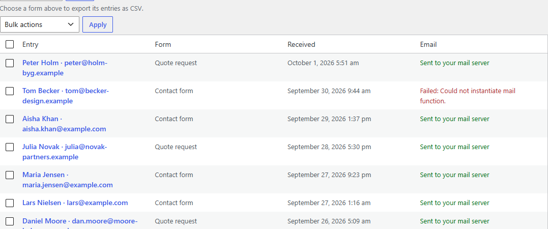 Letterkeep's Entries list: twelve contact form entries with their form, the time they arrived and their mail status; one is marked Failed with the mail server's error.