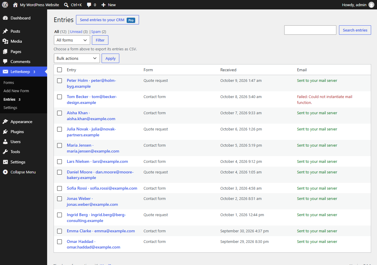 Letterkeep → Entries: every message is saved before any email is sent, and each entry shows whether your mail server accepted it.