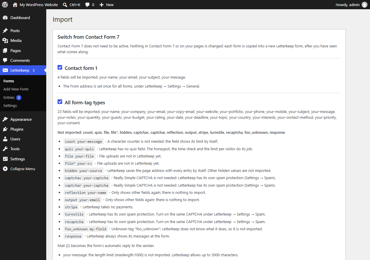 The Import button on Letterkeep → Forms: each Contact Form 7 form, the fields that will be imported, and every tag that will not, each with its reason.